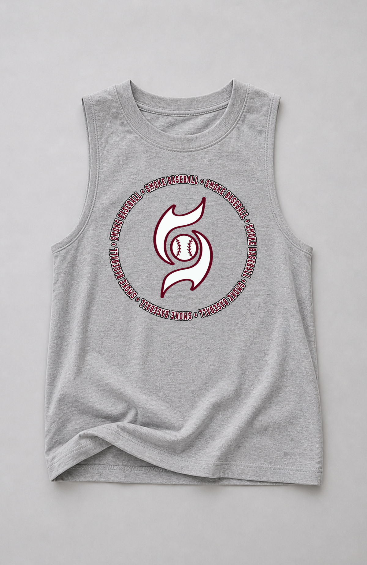 Heather gray baseball t-shirt featuring a maroon Smoke Baseball graphic with circular text and baseball-inspired logo on the front.