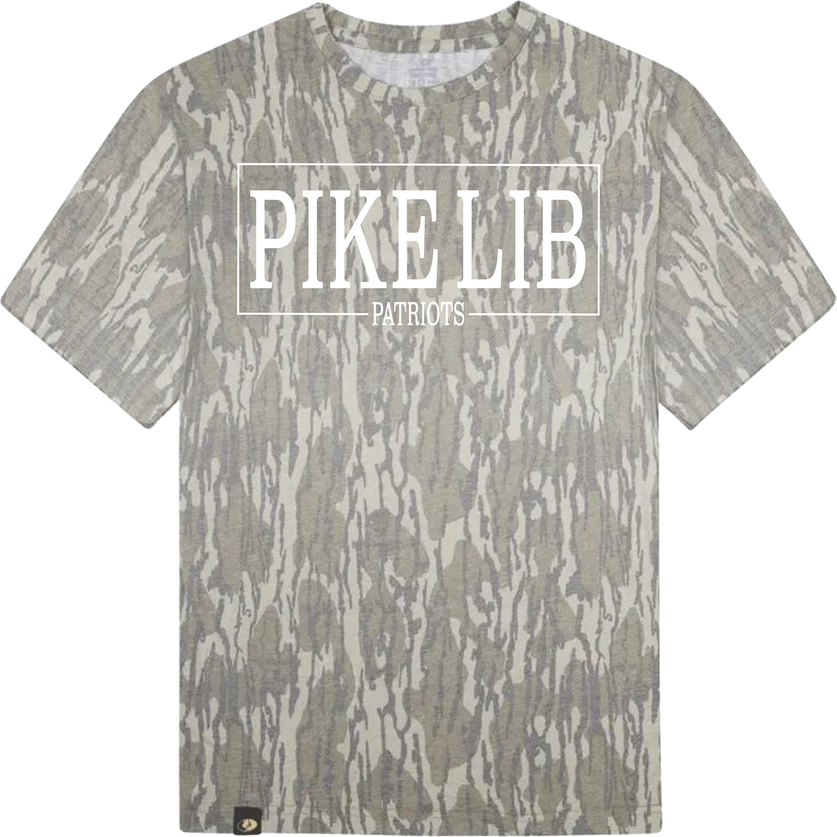 camo t-shirt with Pike Lib Patriots text in white