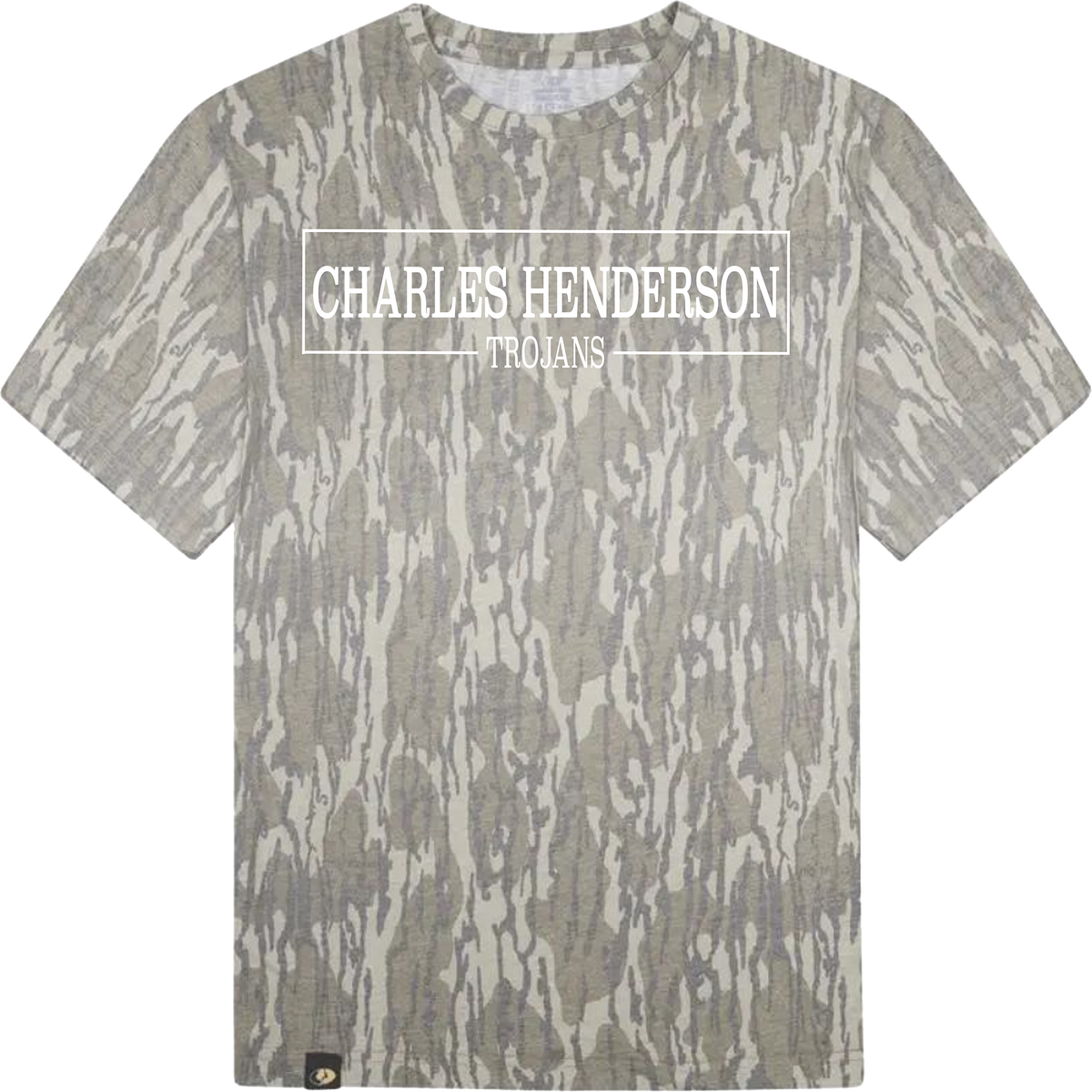Camo t-shirt with Charles Henderson Trojans text in white