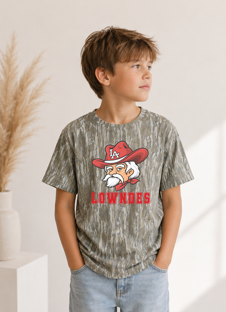 Camo t-shirt with Rebels mascot and Lowndes in red text below