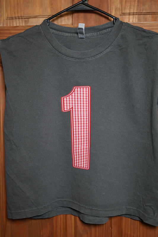 Charcoal gray muscle tank featuring a custom red and white gingham varsity number 1 centered on the front.