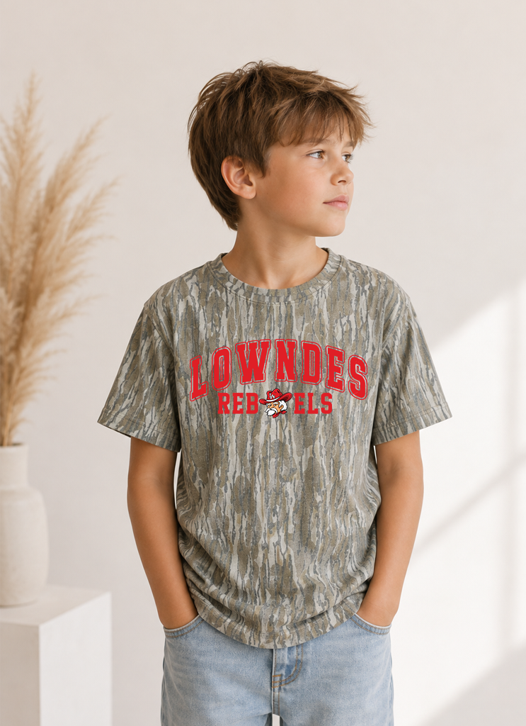 Camo t-shirt with Lowndes in red, arch text, and Rebels below (in red)