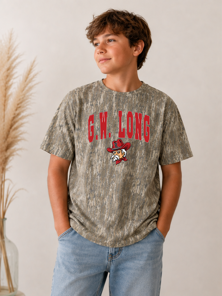 Camo t-shirt with G.W. Long in red, Rebels mascot