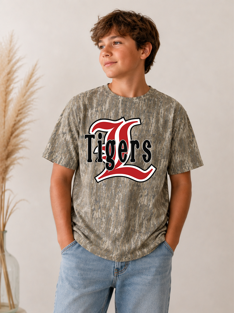 Camo t-shirt with Old English L in red text, white and black outline, and Tigers in black with white outline