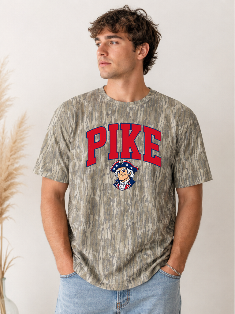 Camo t-shirt with Pike in red letters, navy outline (arch), and a Patriots Mascot