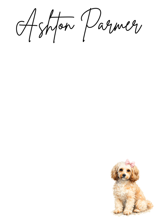 Dog with a bow on a white background with 'customizable name' text at top.