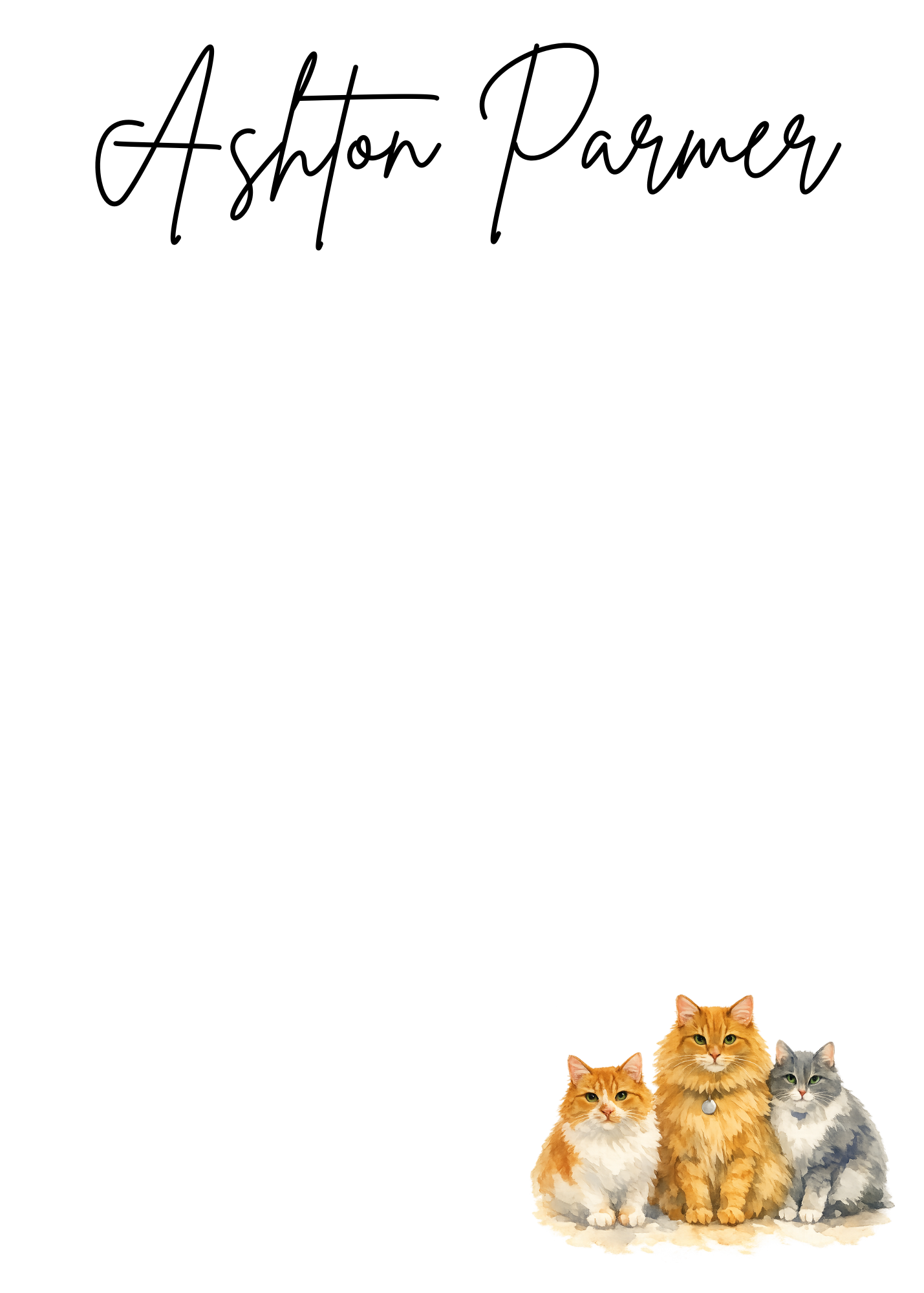 Three cats sitting together with 'Ashton Parmer' (customizable) text above on a white background