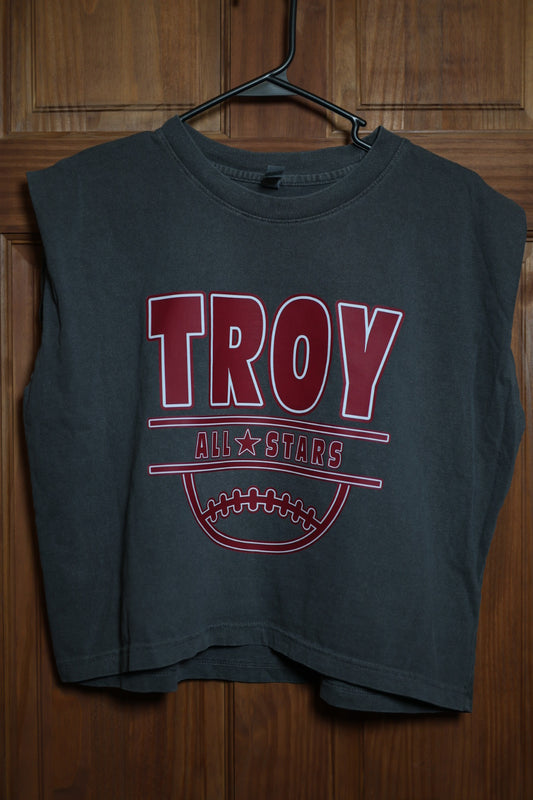 Charcoal gray muscle tank featuring a cardinal red Troy All Stars baseball design with varsity lettering and baseball graphic.