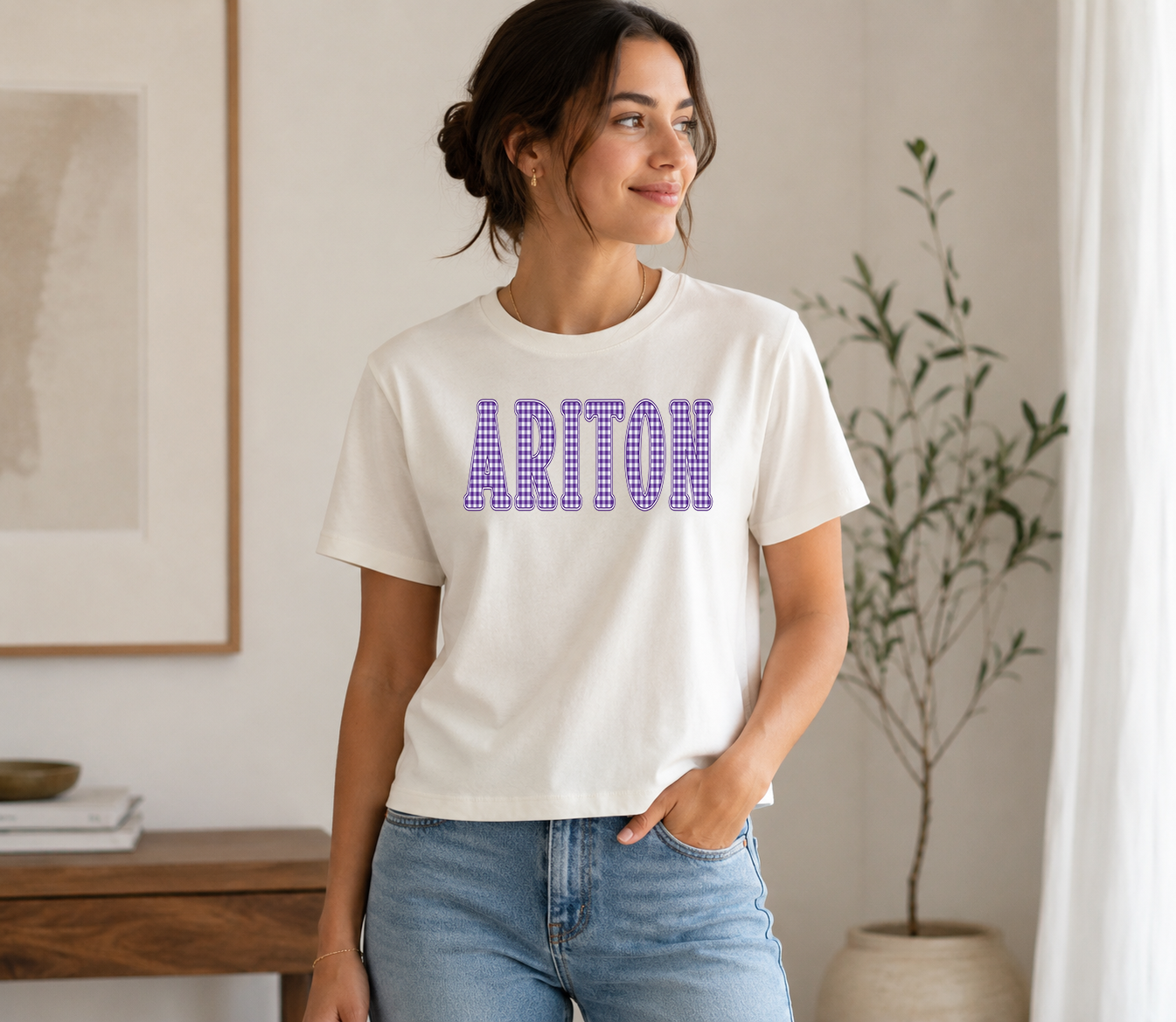 Woman wearing a vintage white t-shirt with a purple gingham ARITON design