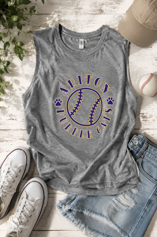 Heather gray muscle tank featuring a custom team name surrounding a vintage-inspired ball graphic in team colors.