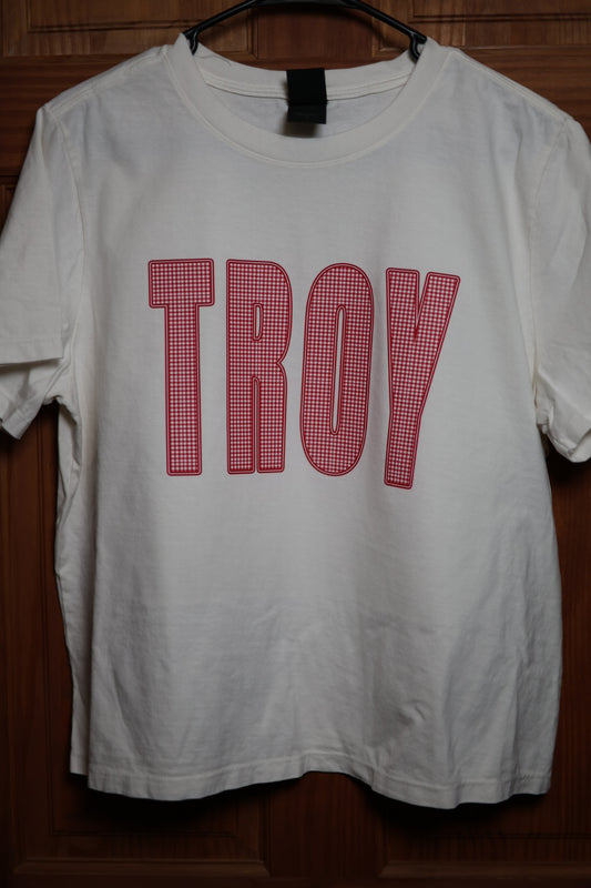 White graphic t-shirt featuring bold TROY lettering filled with a red and white gingham pattern and outlined in red.