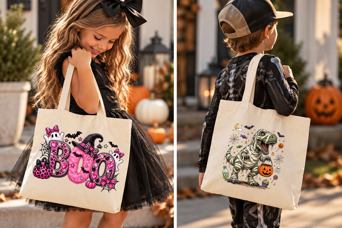 Girl holding canvas tote with pink "BOO" design with jewels and pink leopard. Boy holding canvas tote with dino mummy.