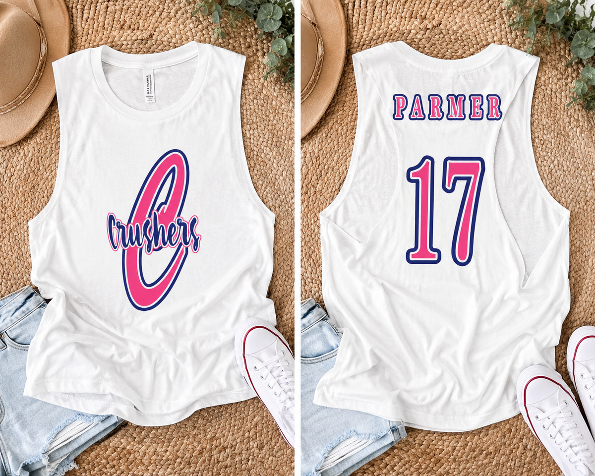 White women’s flowy muscle tank featuring a pink and navy “Crushers” baseball graphic on the front with personalized name and number design on the back.