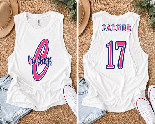 White women’s flowy muscle tank featuring a pink and navy “Crushers” baseball graphic on the front with personalized name and number design on the back.