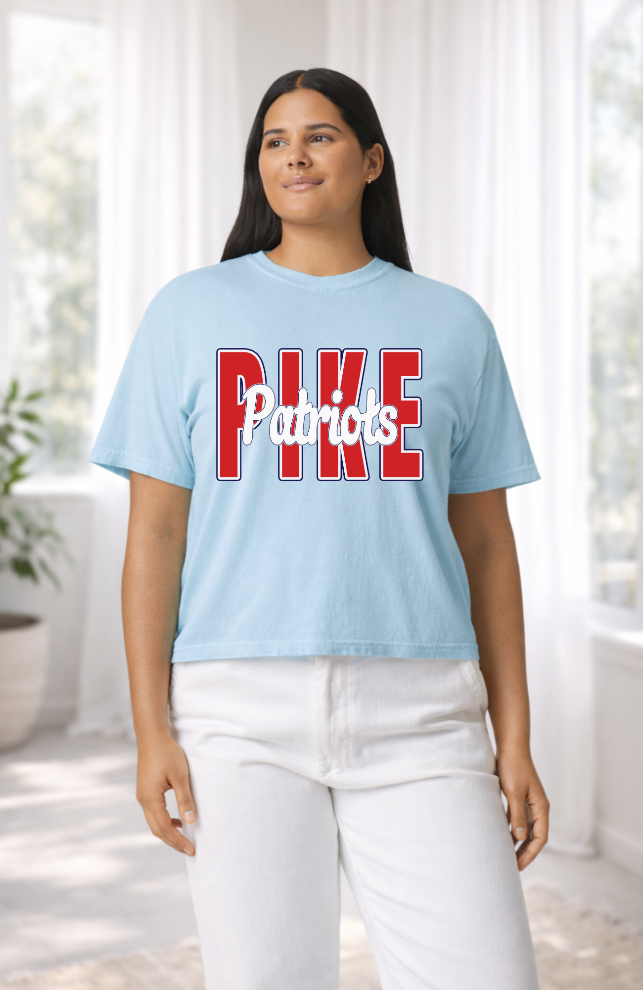 Custom team name t-shirt with bold block lettering and cursive script overlay, fully customizable for school or sports teams.