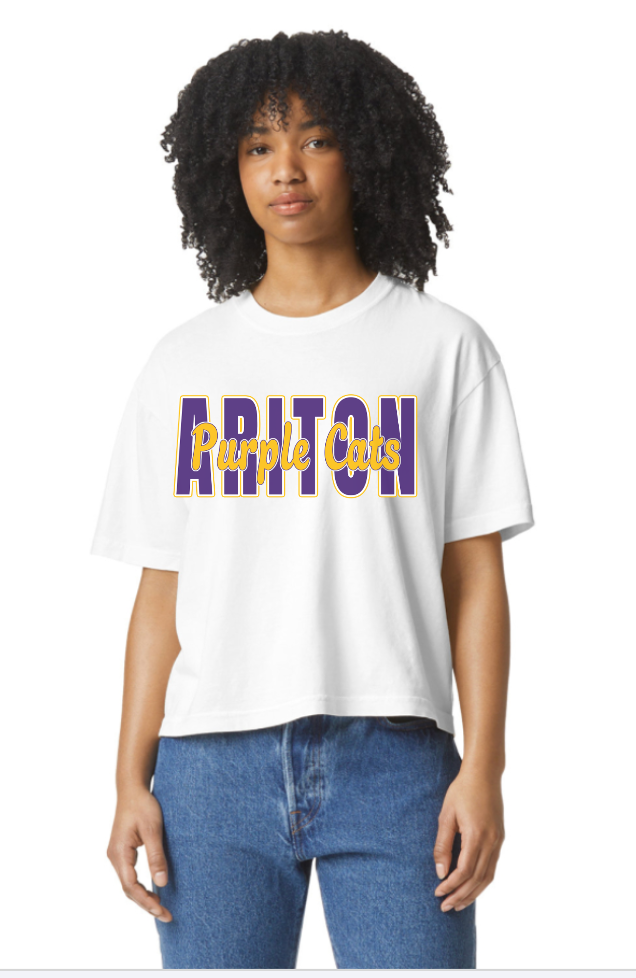 Custom team name t-shirt with bold block lettering and cursive script overlay, fully customizable for school or sports teams.