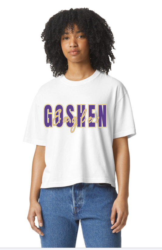 Custom team name t-shirt with bold block lettering and cursive script overlay, fully customizable for school or sports teams.