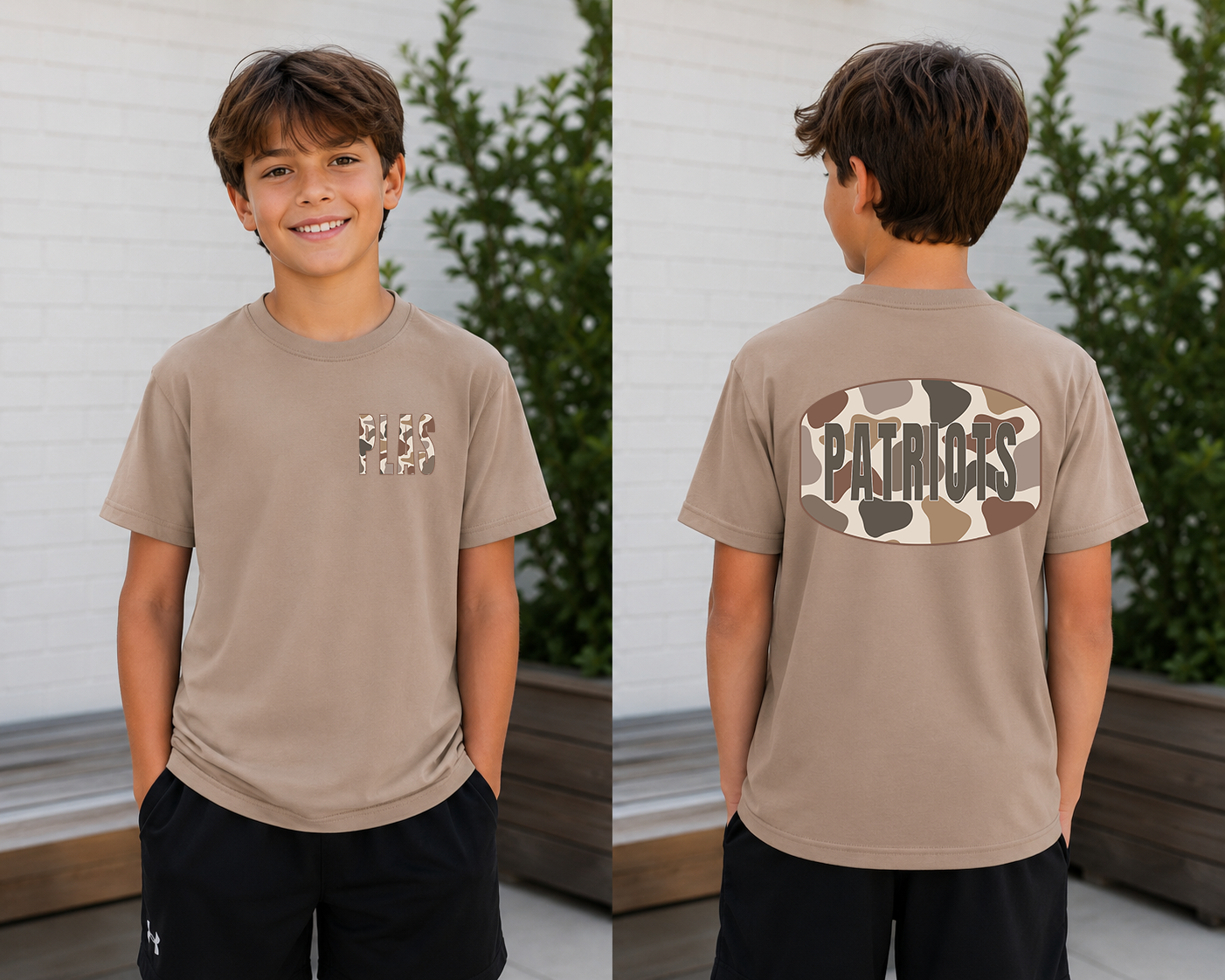 Front and back view of a youth tan t-shirt featuring a PLAS camo chest graphic on the front and a large Patriots duck camo design on the back, modeled outdoors by a tween boy.