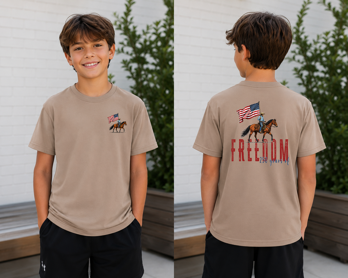 Youth model wearing a sand-colored patriotic graphic t-shirt featuring a horseback rider carrying an American flag on the front chest and a coordinating Freedom graphic on the back.