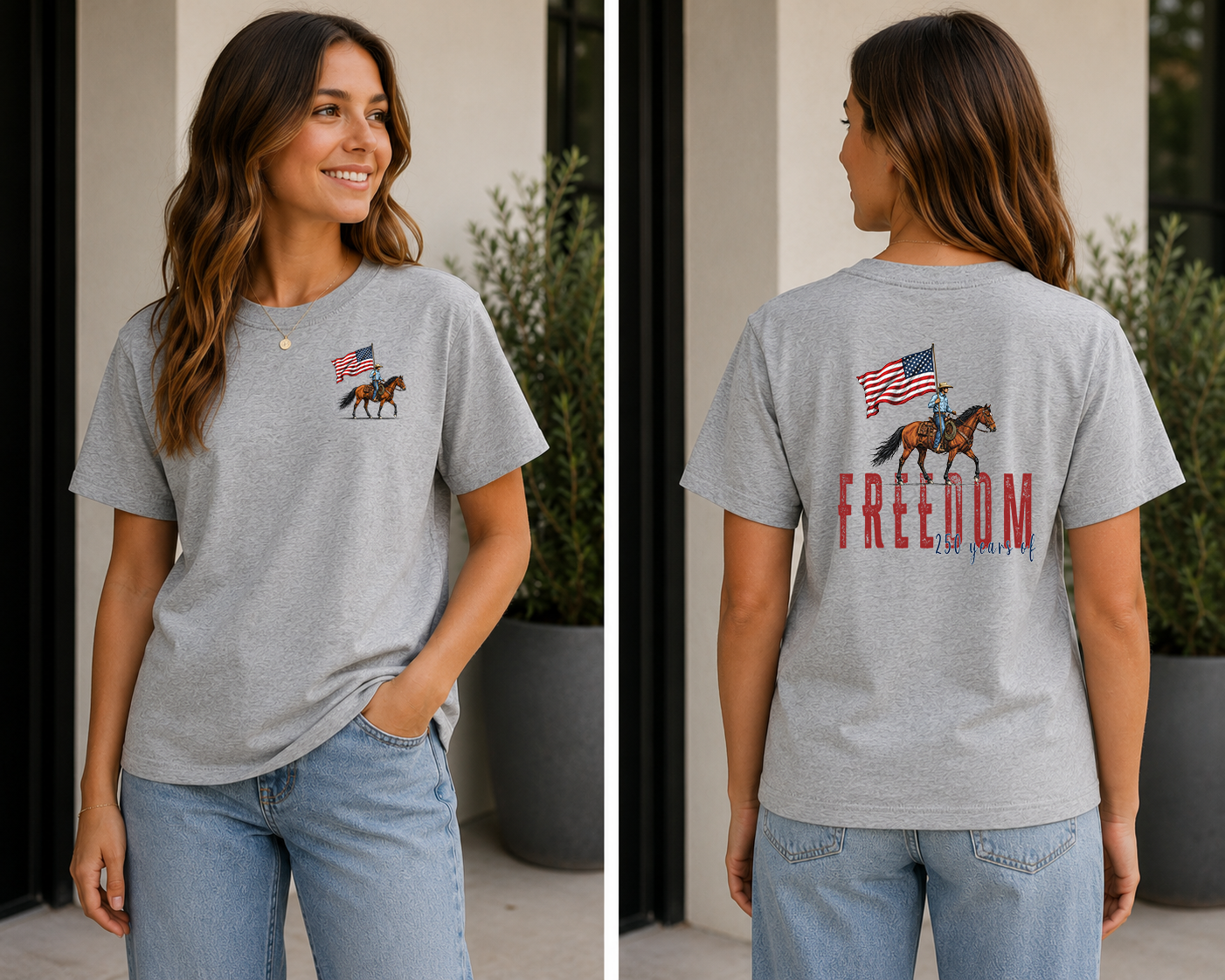 Female model wearing a heather gray patriotic graphic t-shirt featuring a horseback rider carrying an American flag on the front chest and a coordinating Freedom back design with vintage Americana styling.