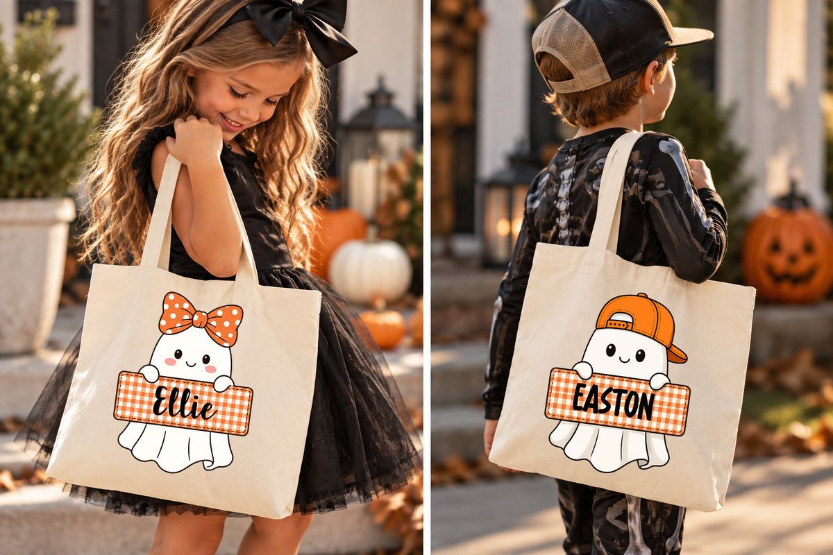Personalized ghost bags (girl version with bow, boy version with backwards cap)
