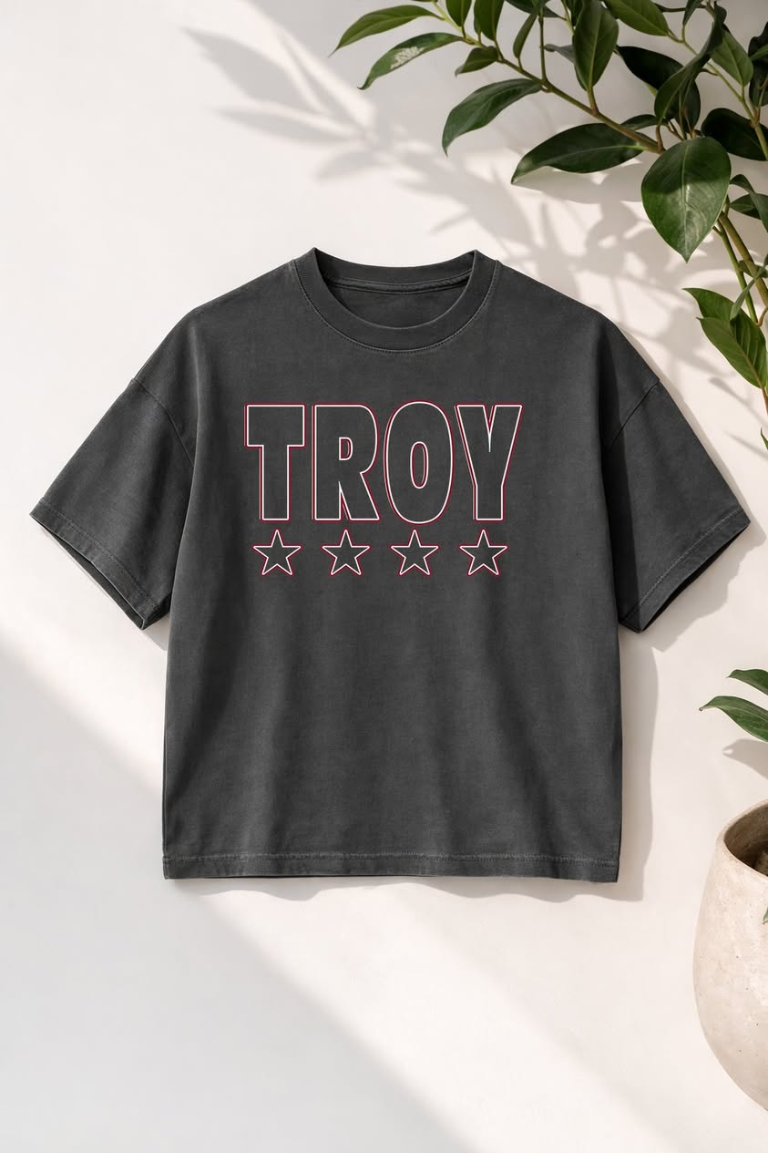 Charcoal gray graphic t-shirt featuring bold outlined TROY lettering with four stars underneath, displayed on a clean neutral background.